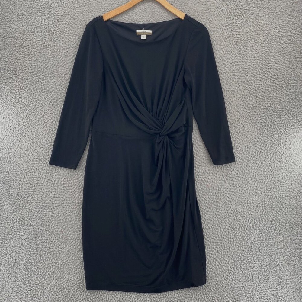 Boston Proper Muse Dress Womens 8 Black Bodycon 3/4 Sleeve Travel Knit Knot Mini
